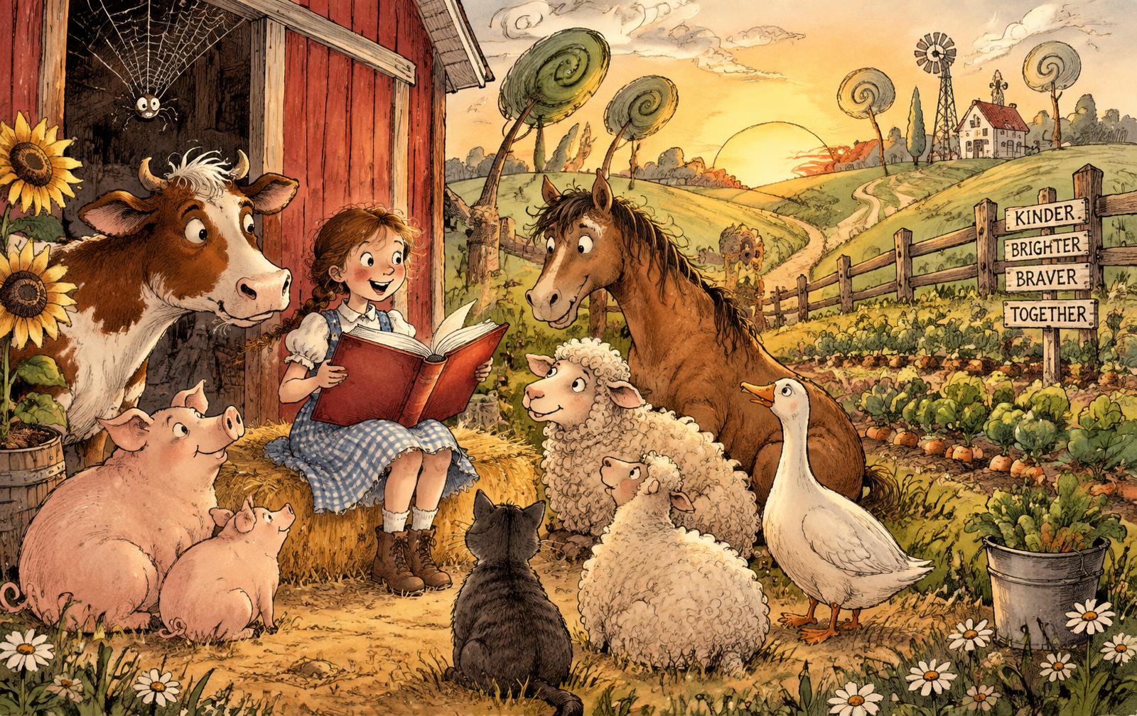 A girl reads to cows, pigs, sheep, a horse, a goose and a spider in front of a red barn