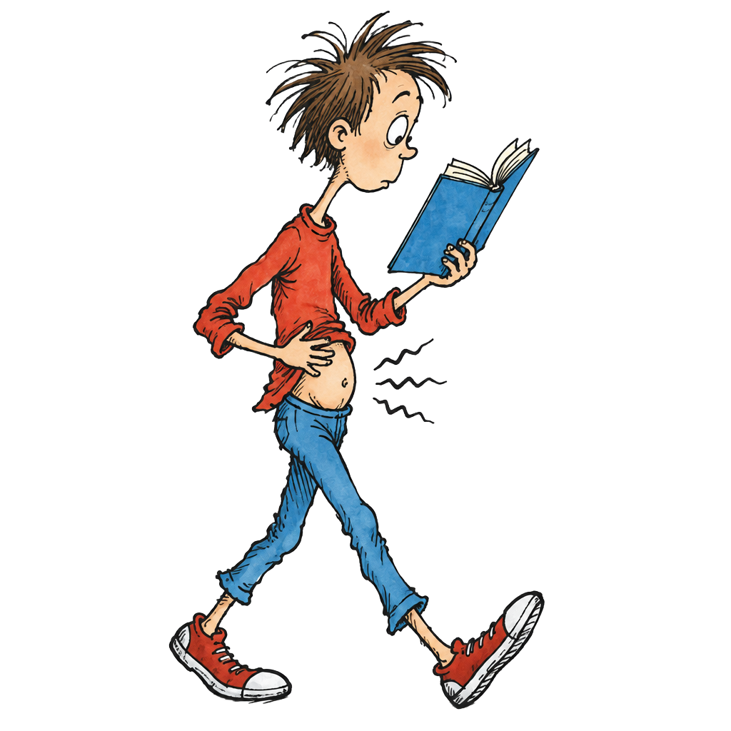 A hungry kid reading a book and rubbing his rumbling belly