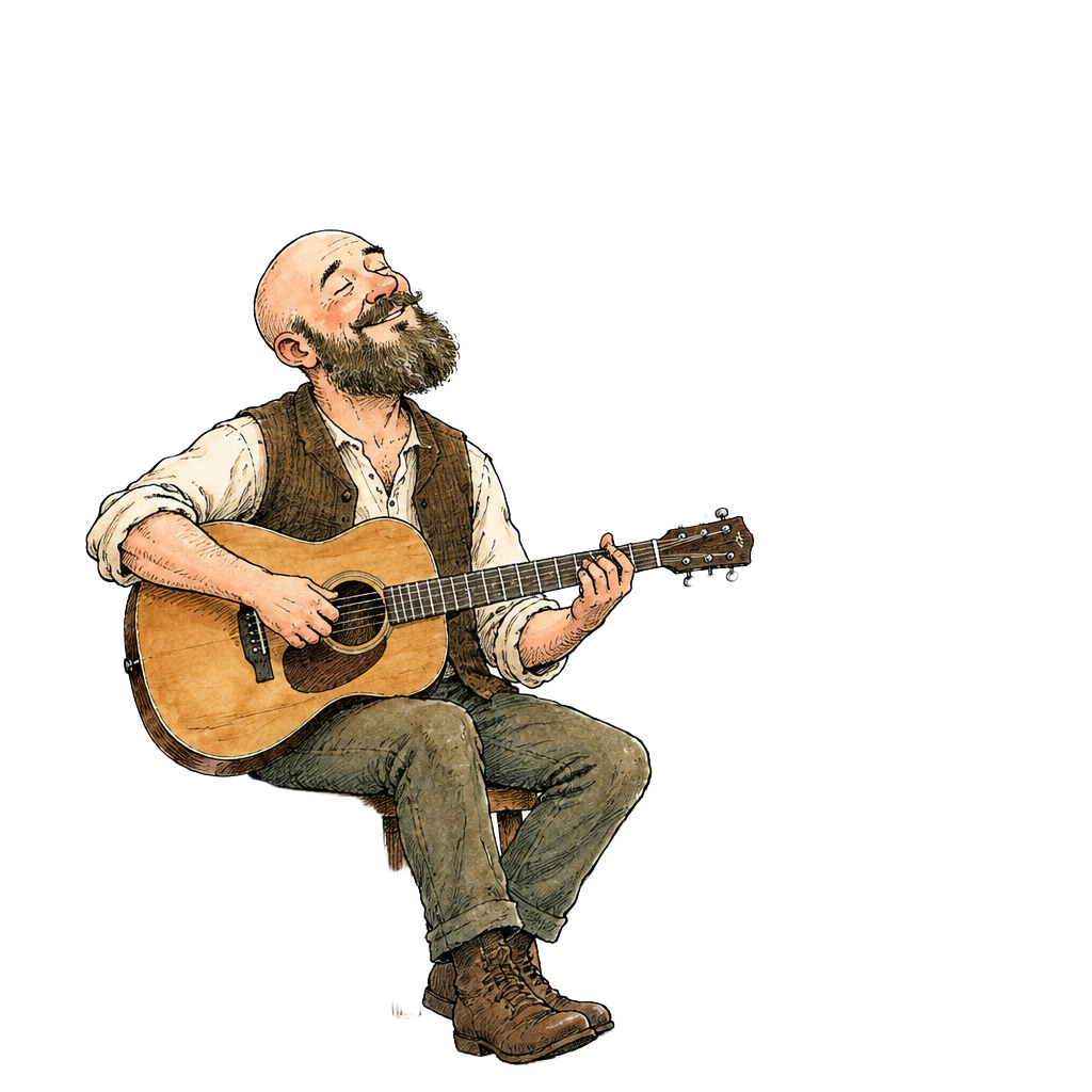 A bearded poet strumming an acoustic guitar